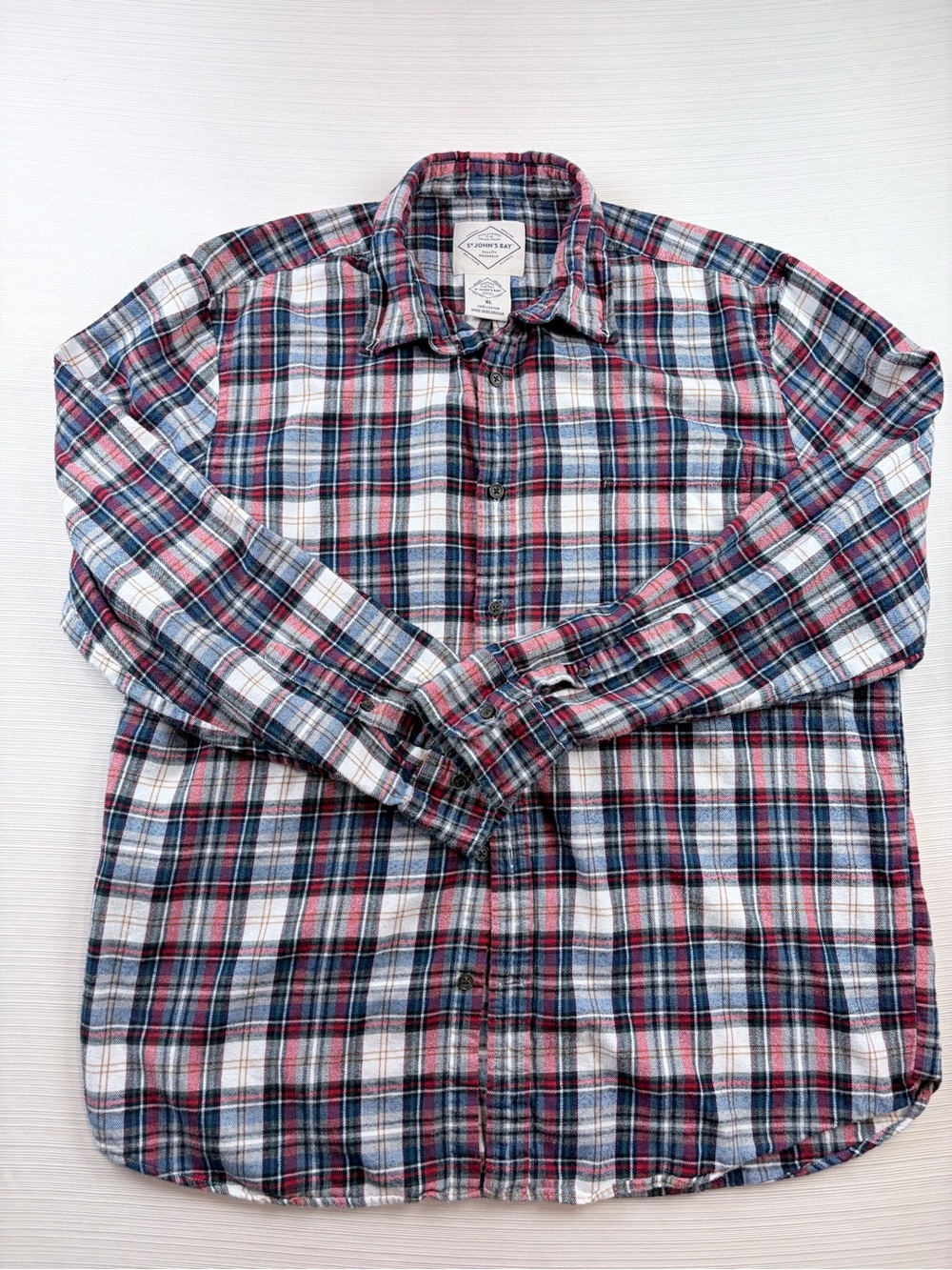 St. John's Bay Red, Blue & White Plaid Button-Down Shirt